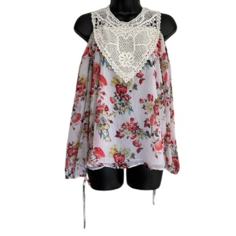 Beauty and the Beast Sleeveless Blouse - White with Pink Rose Print Size S
